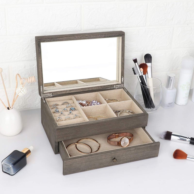Meangood Jewelry Box Organizer for Women, 2 Layer Large Jewelry Storage Case, Rustic Wooden Jewelry Box with Mirror & Ring Tray for Necklace Earring Bracelets Rings, Vintage Style (Weathered Grey) - Image 5